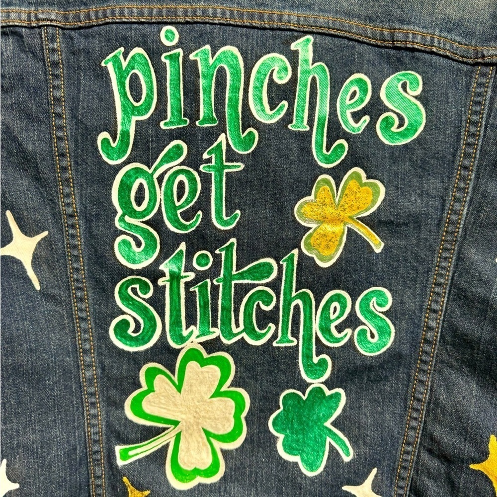 Hand Painted Jean Jacket: “Pinches Get Stitches”, St Patrick’s Day, Ladies XL - Picture 8 of 13